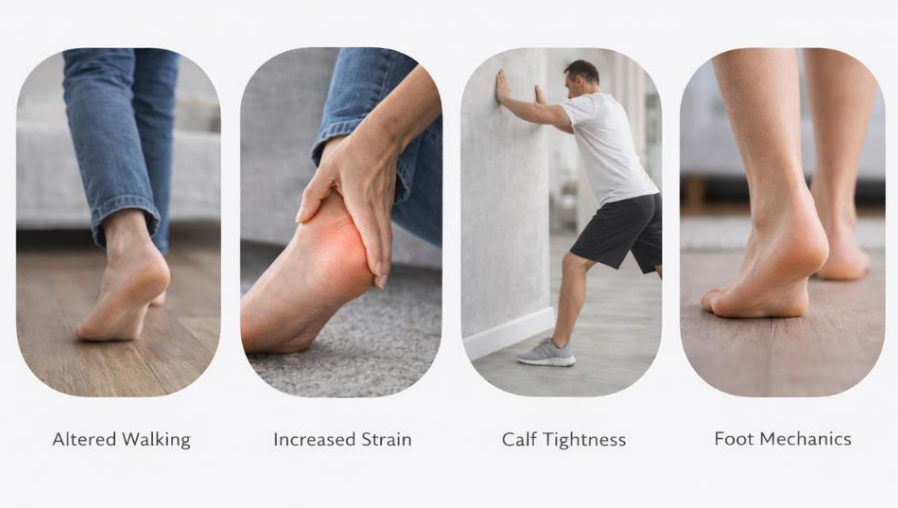 Plantar fasciitis and ankle pain causes shown through walking strain, calf tightness, and foot mechanics